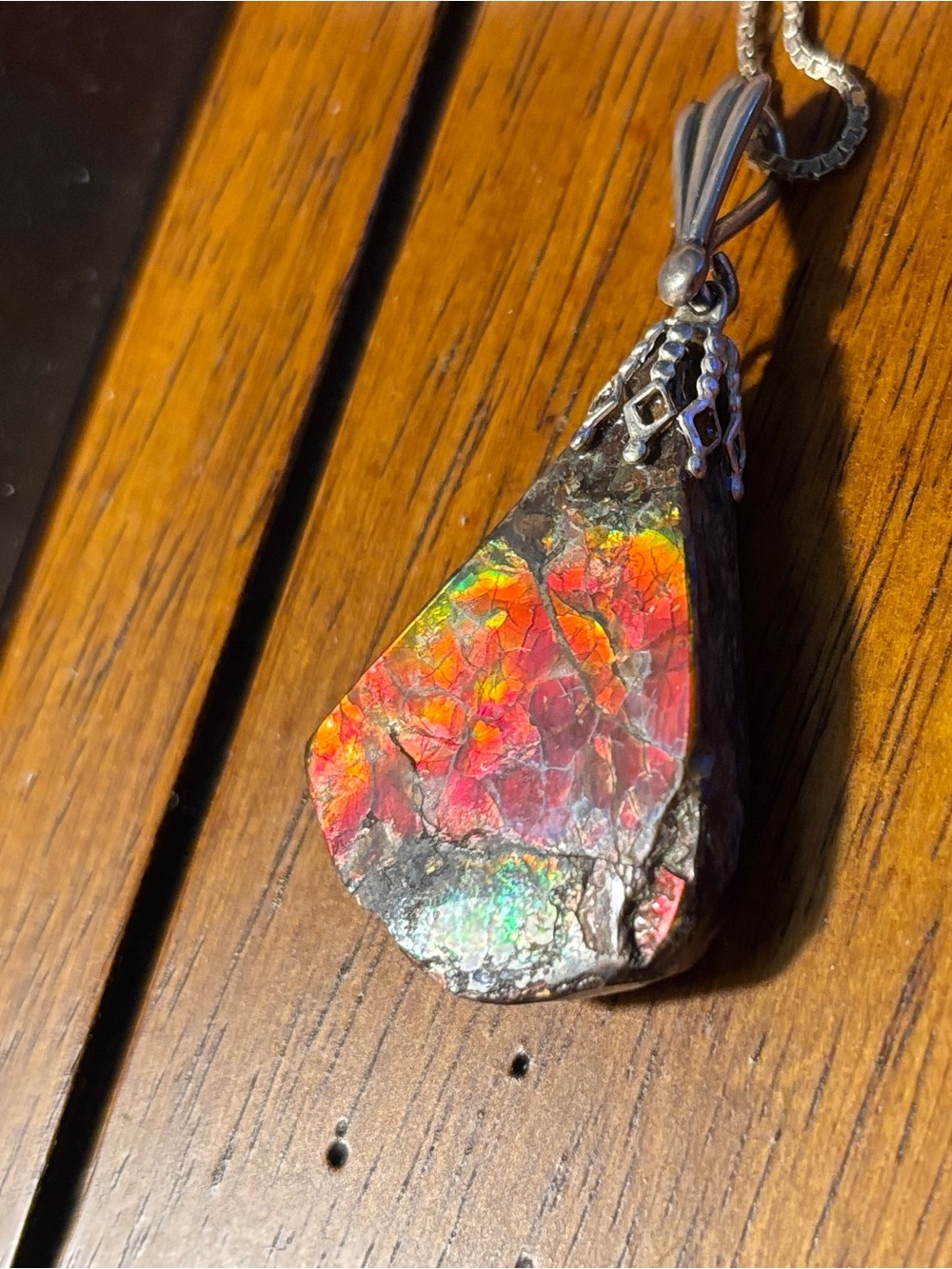 Iridescent Ammolite Nugget Slice Pendant 925 Silver Bail - Red Multi